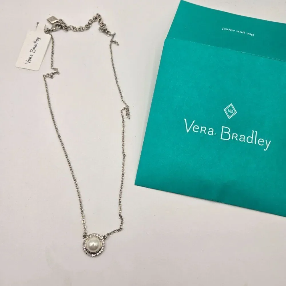 Vera Bradley Silver Pearl Pendant Necklace CZ Accents New